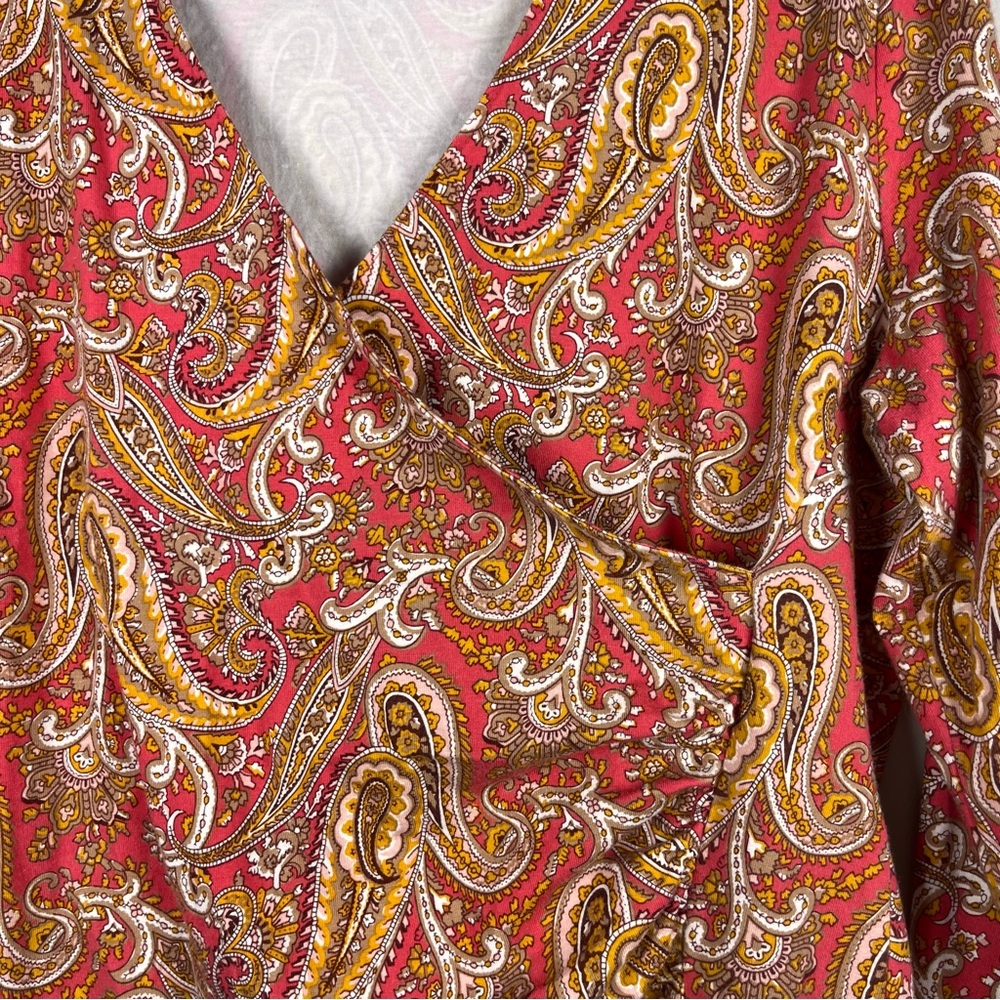 Talbots Faux Wrap Coral Tan Paisley Ruched Surplice Top Blouse Work Fall Large - Picture 5 of 8